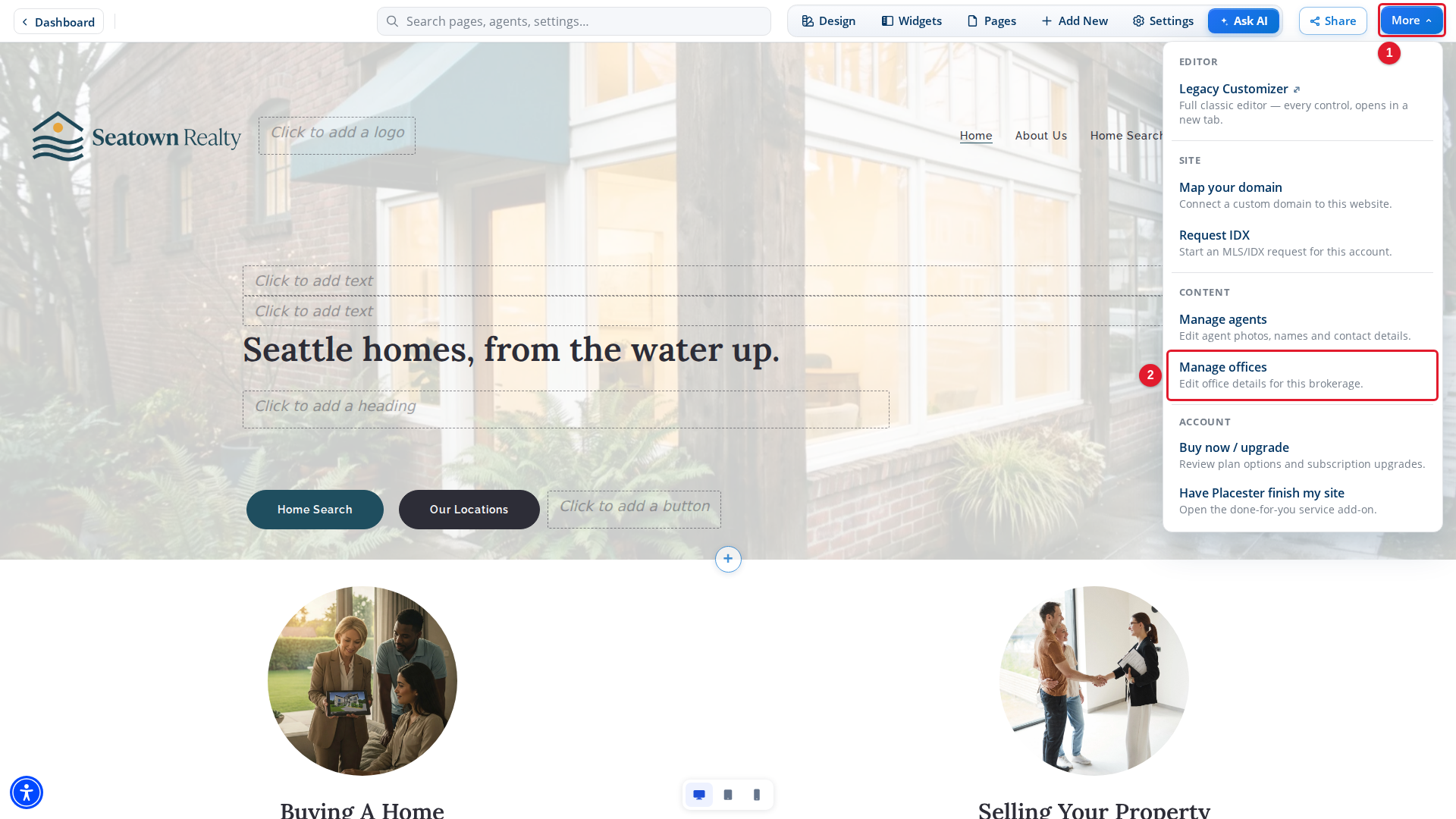 The More menu in Site Edit