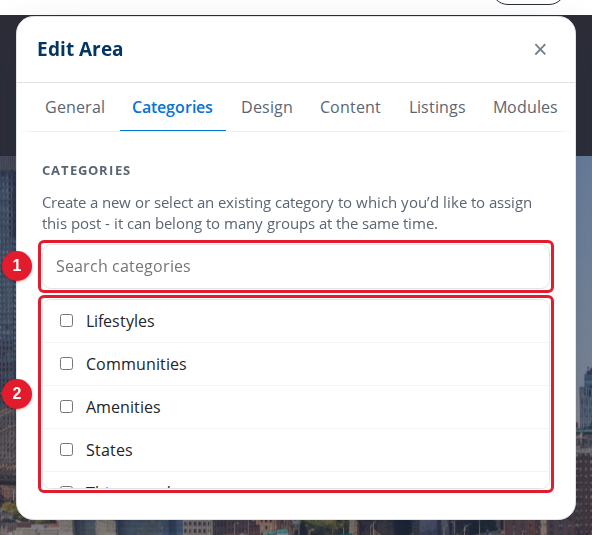 The Categories tab of the Edit Area panel