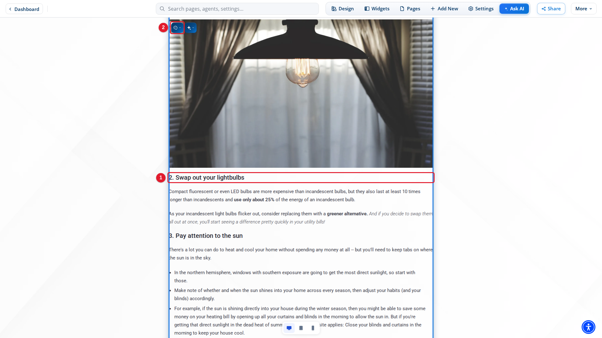 The content of a blog post with its toolbar