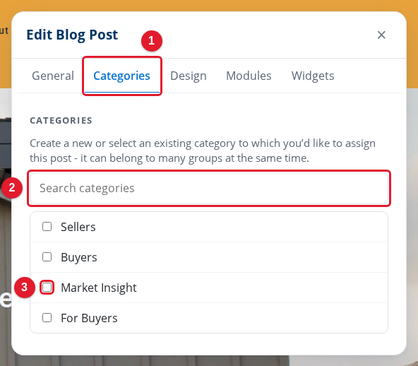 The Categories tab of a blog post