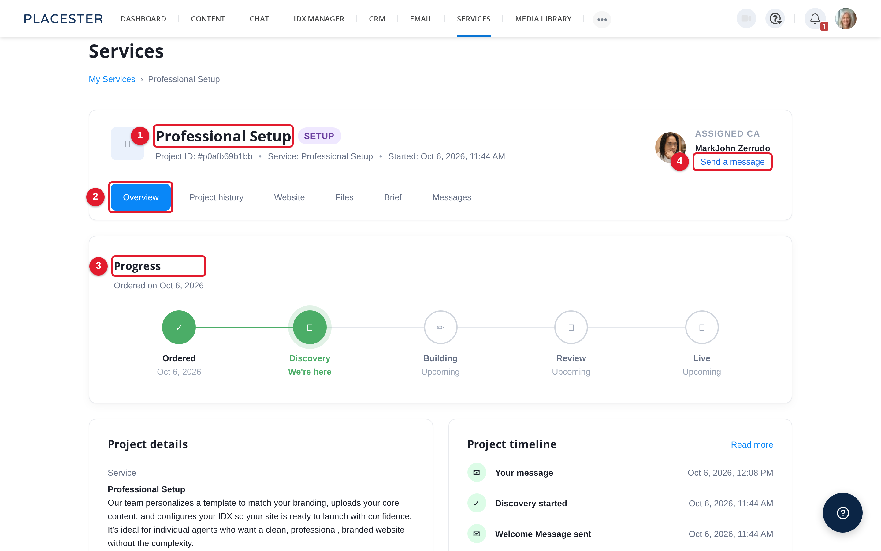 Top of a project page with Overview tab, progress tracker, and Send a message button