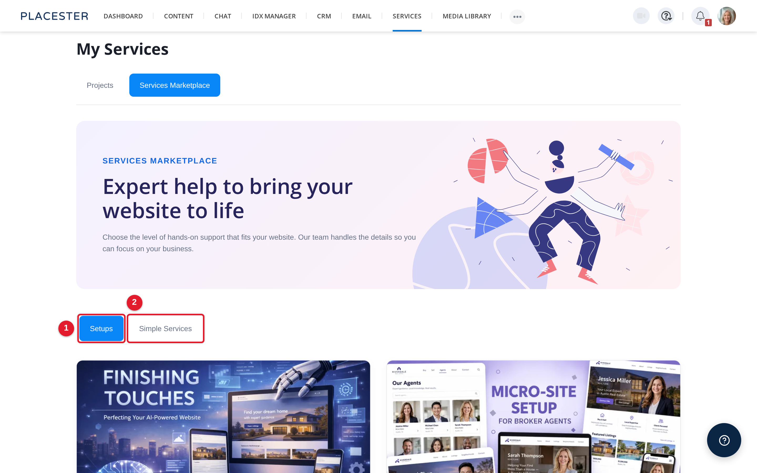 The Services Marketplace with the Setups category open