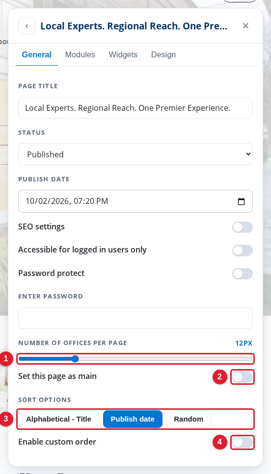 The office controls on the General tab of the page settings