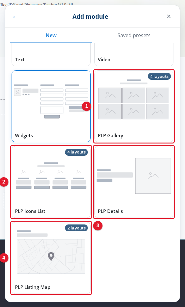 The Property Landing Page modules in the Add module panel