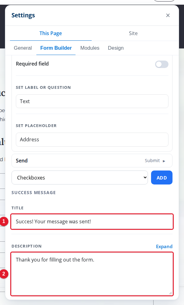 The success message of the form