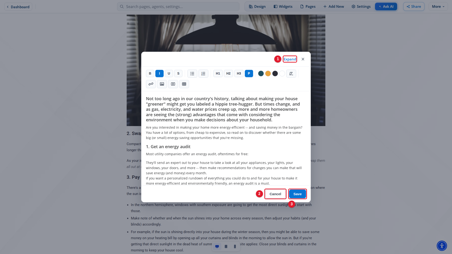 The text editor of a blog post
