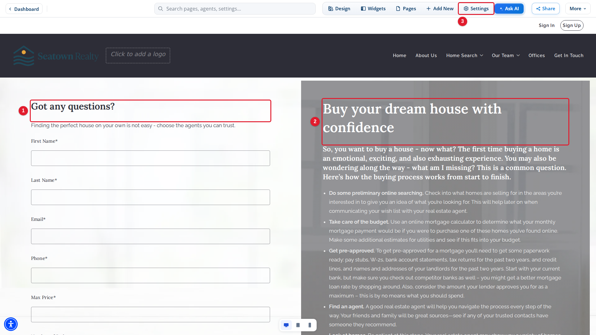 A landing page in Site Edit
