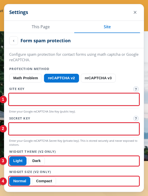 reCAPTCHA v2 settings