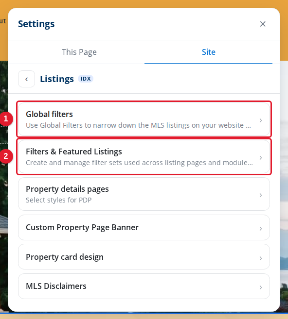 The Listings settings of the site