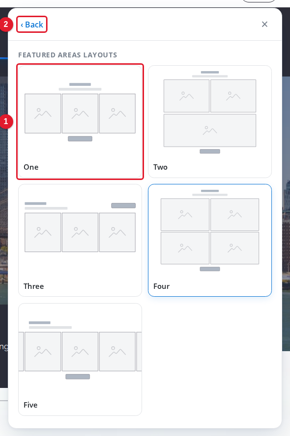 The Featured Areas layouts in the Add module panel