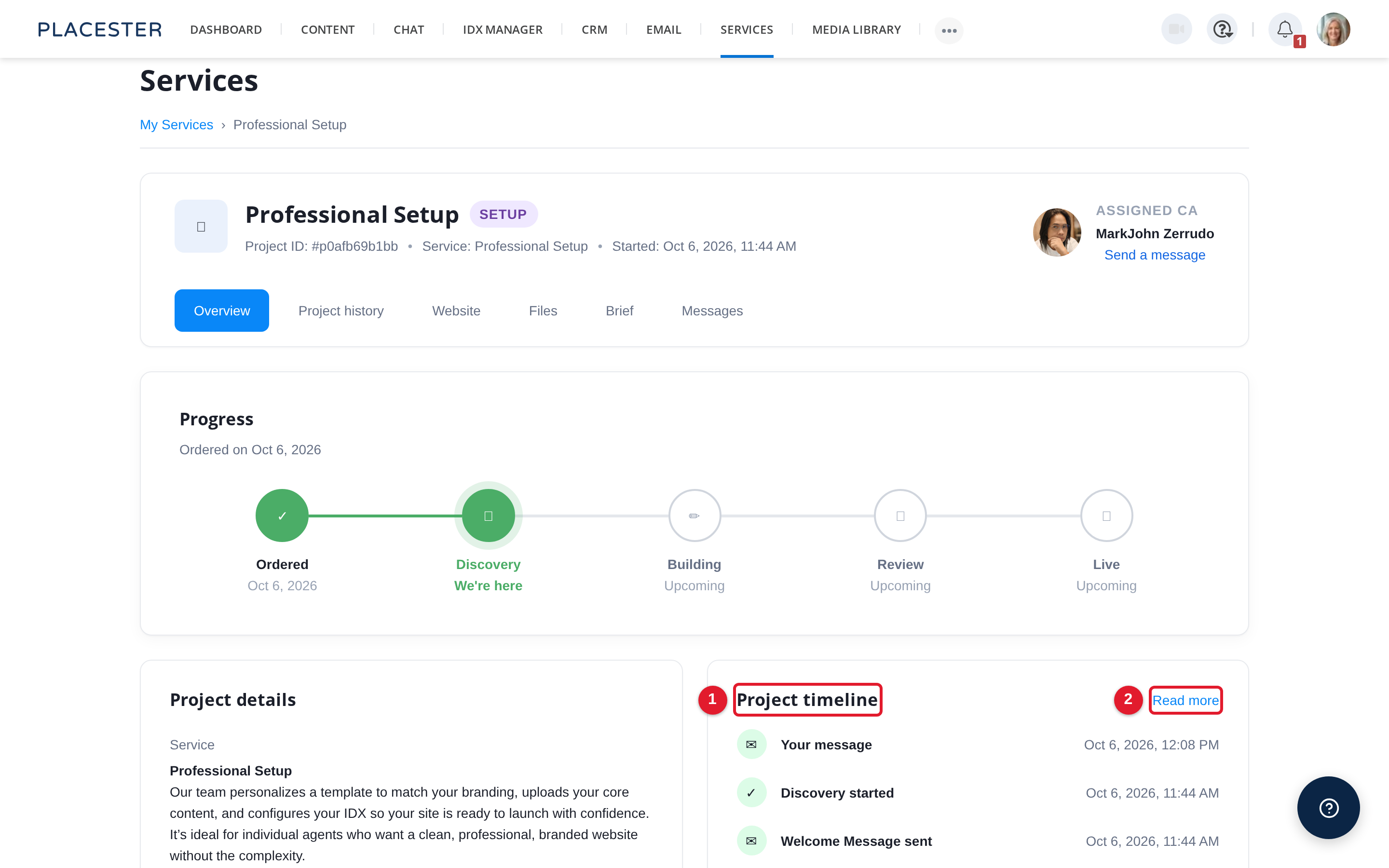 Project timeline area on the Overview tab with recent updates and Read more