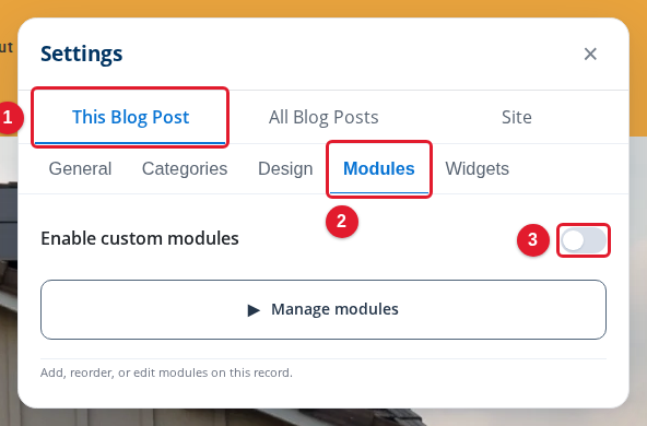 The Modules tab of a blog post