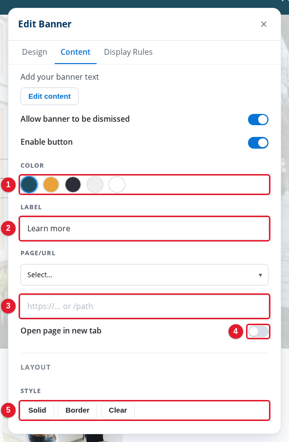 The button settings of a banner