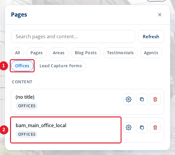 The Pages panel with the Offices filter