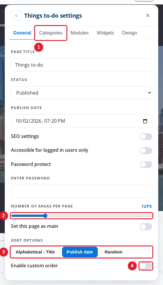 The area controls on the General tab of the page settings