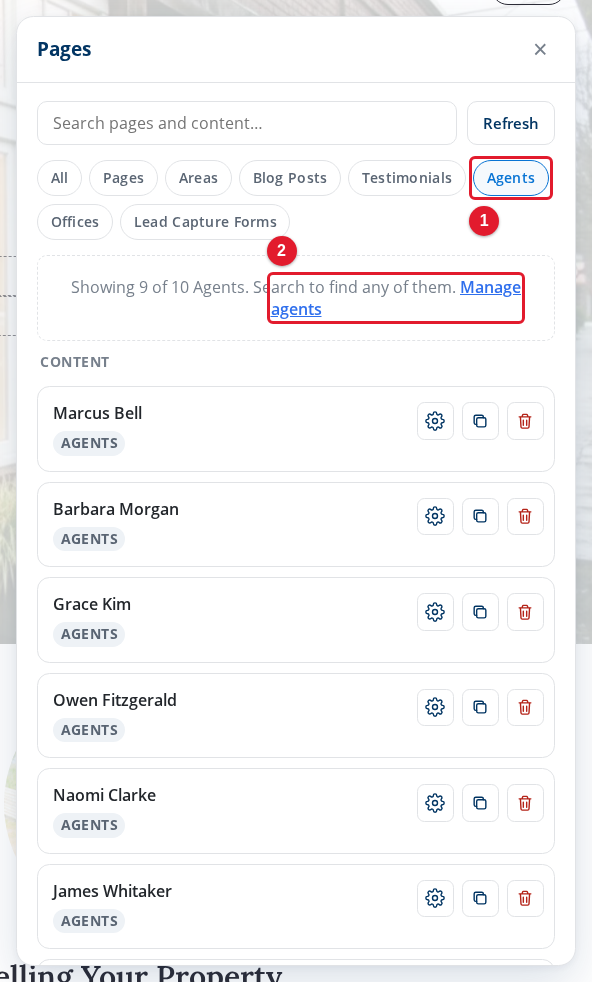 The Pages panel with the Agents filter