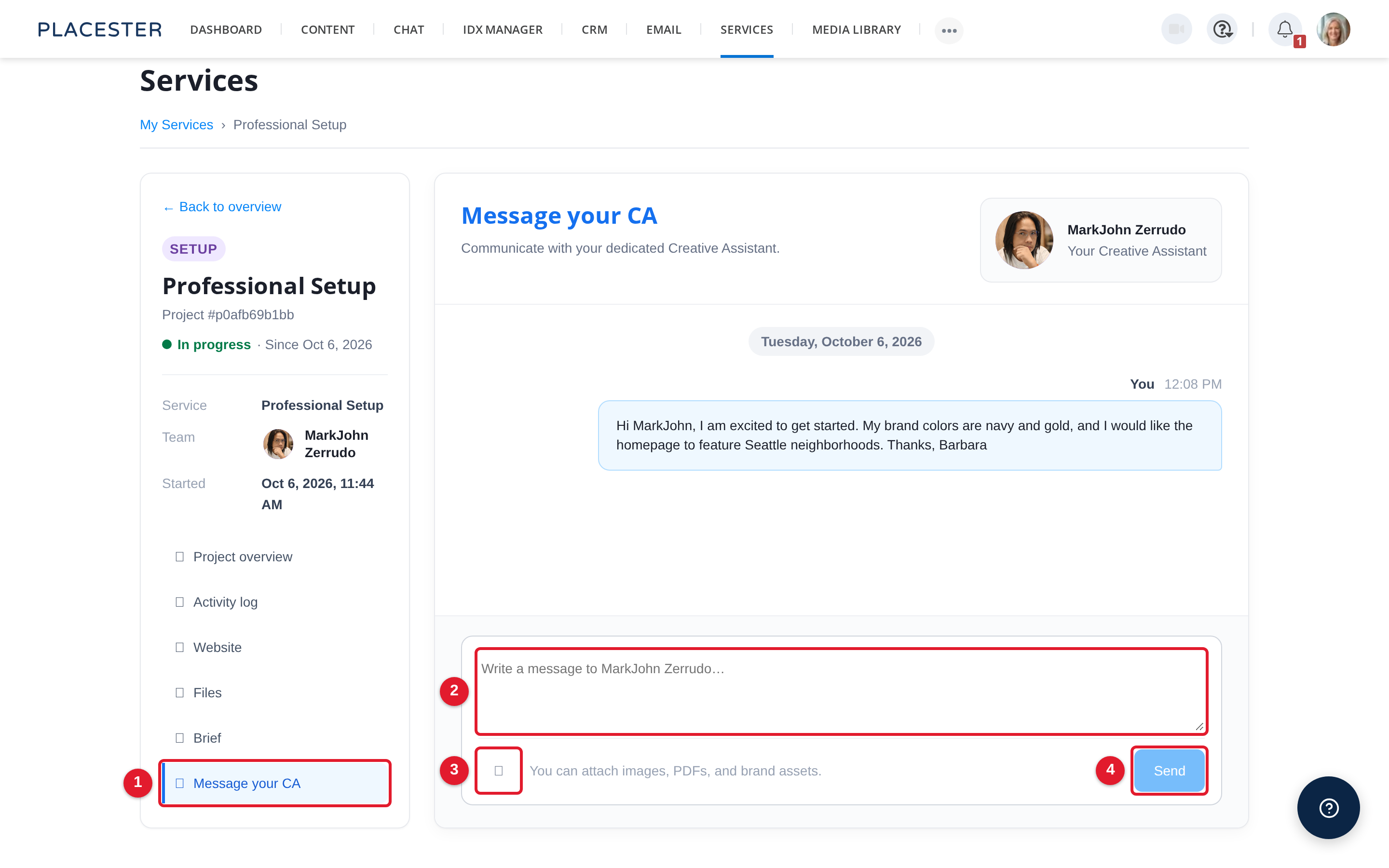 Project message area with conversation, message box, attach file button, and Send button