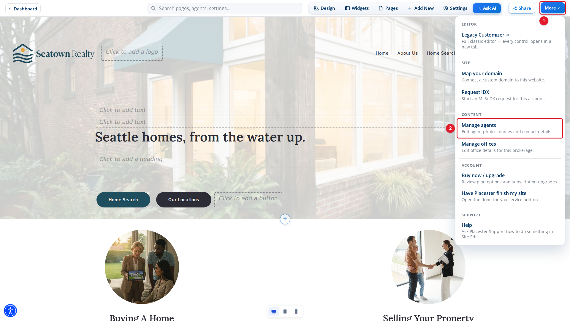 The More menu in Site Edit