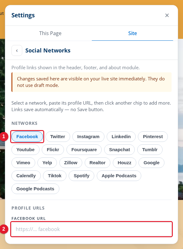 A network selected, with the box for its profile URL