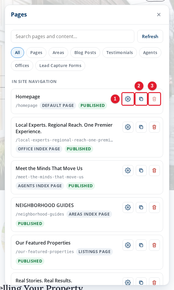 The Pages list in Site Edit