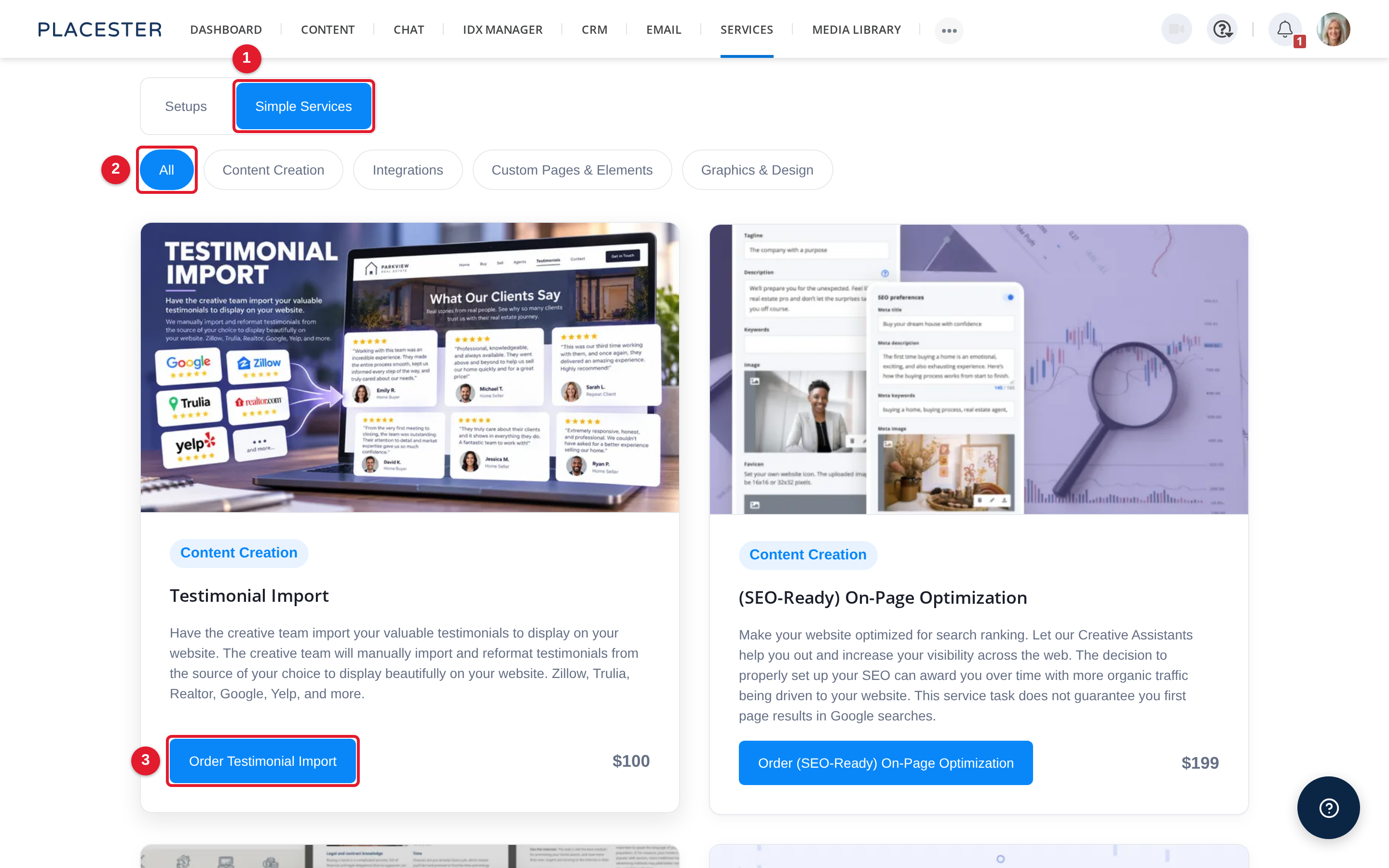 Services Marketplace with Simple Services tab, category tabs, and an Order button on a service card