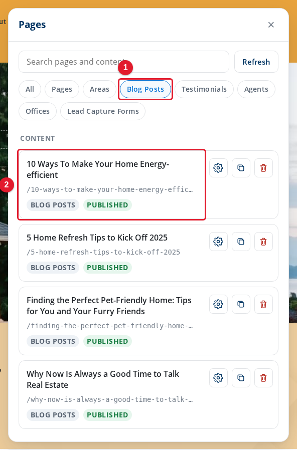 The Pages panel with the Blog Posts filter