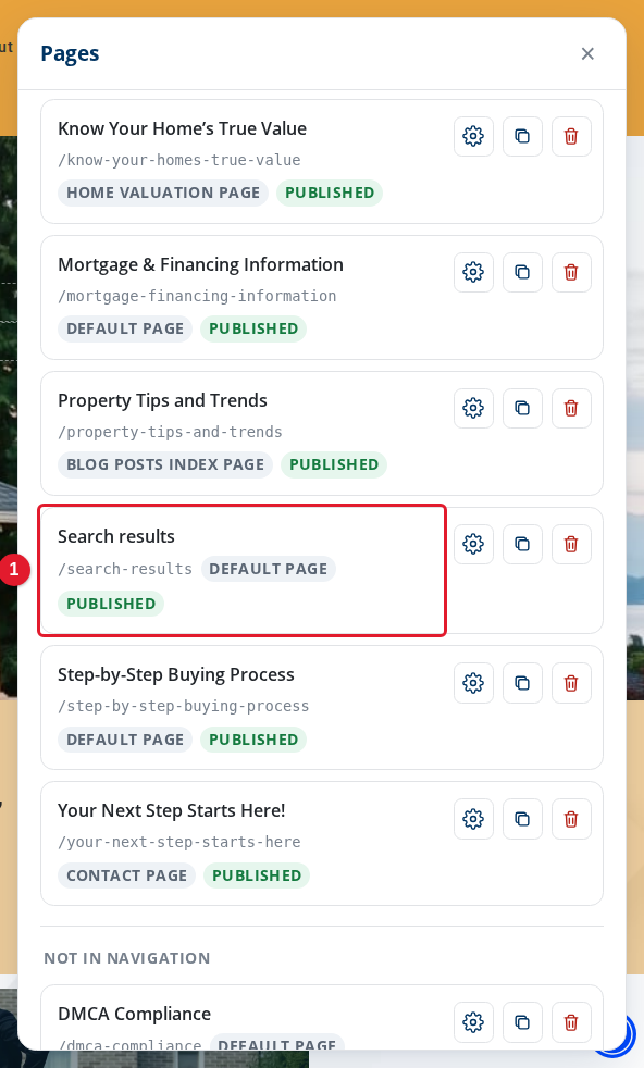 The Pages panel with the Search results page