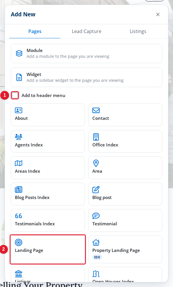 The Landing Page card in the Add New panel