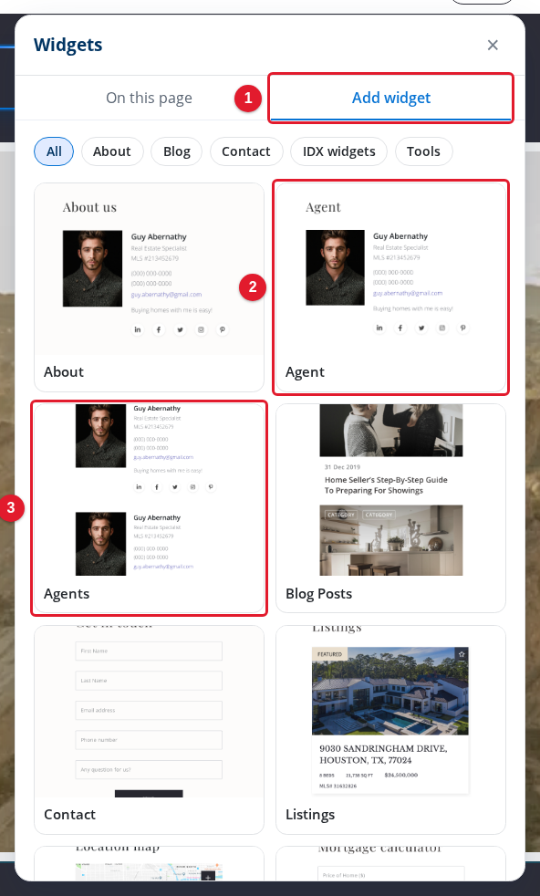 The Add widget tab of the Widgets panel