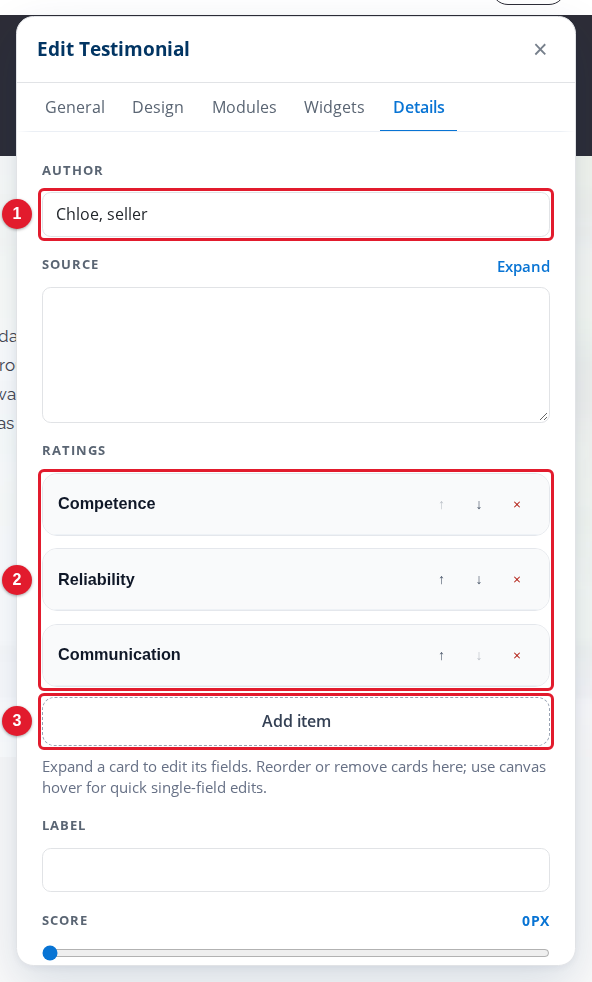 The Details tab of the Edit Testimonial panel