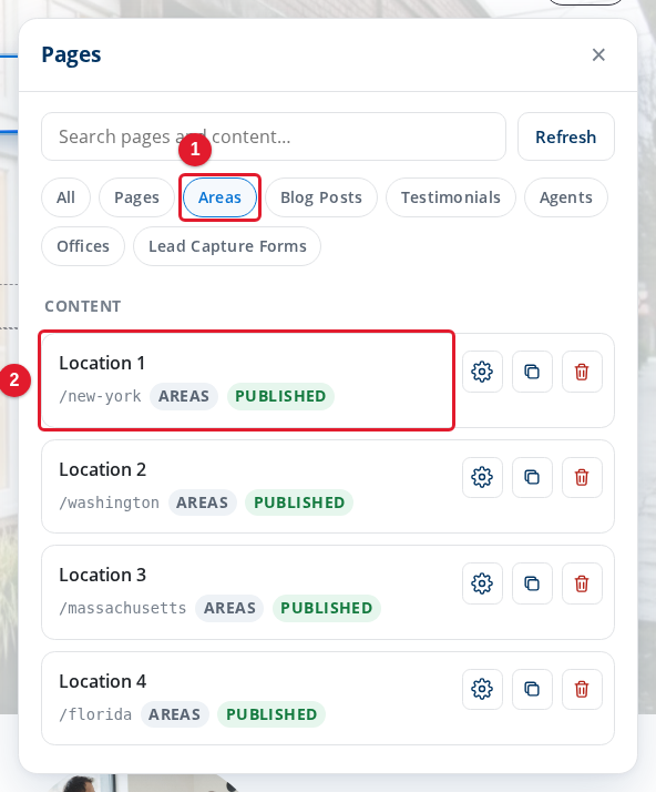 The Pages panel with the Areas filter