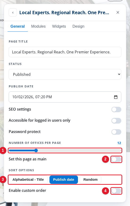 The office controls on the General tab of the page settings